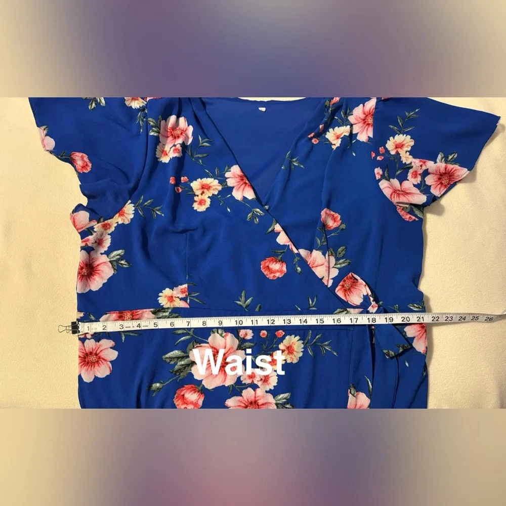 Vibrant Floral Dress 18/20 Blue & Botanical Pinks Faux-wrap Midi - Picture 9 of 11